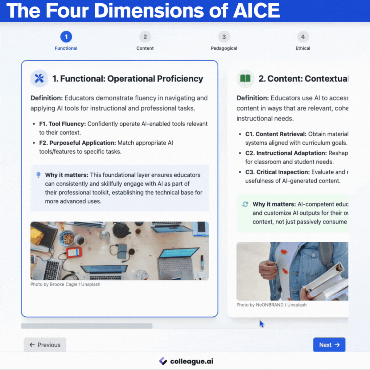 The Four Dimensions of AICE Framework: functional, content, pedgogical, and ethical dimensions. 